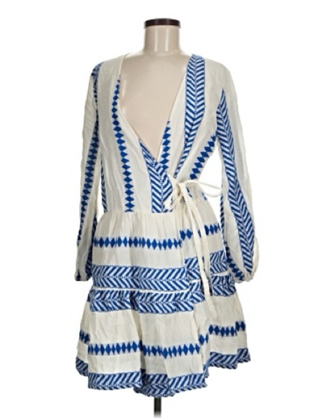 White & Blue Wrap Mini Dress with Geometric Print